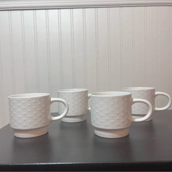 Market Finds White Hobnail Stacking Mugs Set of 4 with Black Metal Storage Stand - Picture 8 of 10